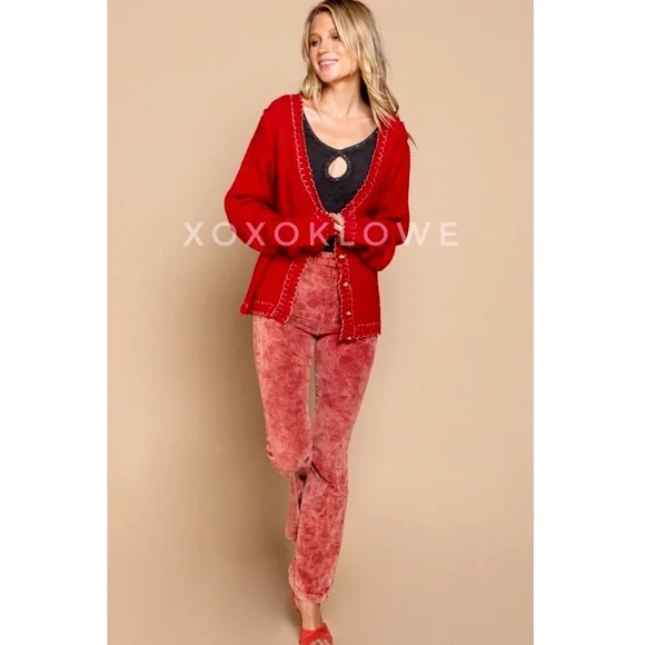 Red Sweater, Button-Front, Statement, Gold Buttons & Sparkly Gold Trim, NWT, M - Picture 8 of 8